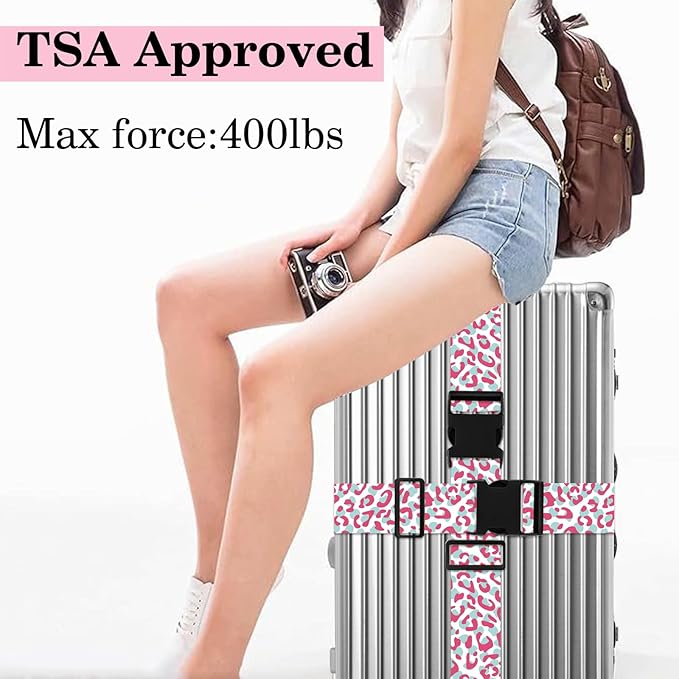 Pink Leopard Luggage Straps for Suitcases TSA Approved, Luggage Identifiers for Suitcase, Adjustable Suitcase Strap for Baggage Security with Cute Patten, Travel Necessary Accessories