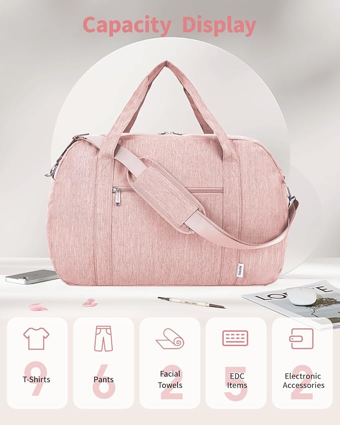 Narwey Carry on Bag 22x14x9 Airlines Approved, Carry on Duffle Bag for Airplane with Wet Pocket, Travel Duffel Bag Luggage Bag Weekender Overnight for Women Men (Pink)