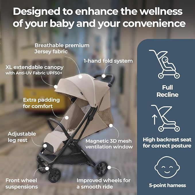 Inglesina Quid³ Stroller, Planet Green - Compact Reclining Travel Stroller for Baby & Toddler 0-55 lbs, One Hand fold, Car seat Compatible, Airplane Overhead, Lightweight, Foldable, XL UPF 50+ Canopy