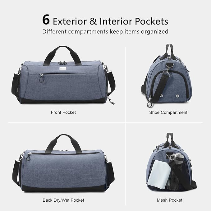 TOPDesign Gym Bag for Women & Men, Unisex Duffel Bag with Shoe Compartment & Wet Pocket for Travel Sports Gym (L Textured Blue)