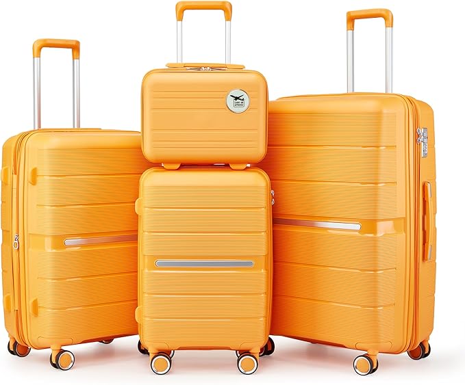 Campfun Luggage 4 Piece Sets, Expandable Carry On Luggage Set Hardshell PP, Suitcase Set with Double Spinner Wheels, Checked Durable Lightweight with TSA Lock, 14/20/24/28in, Orange(A)