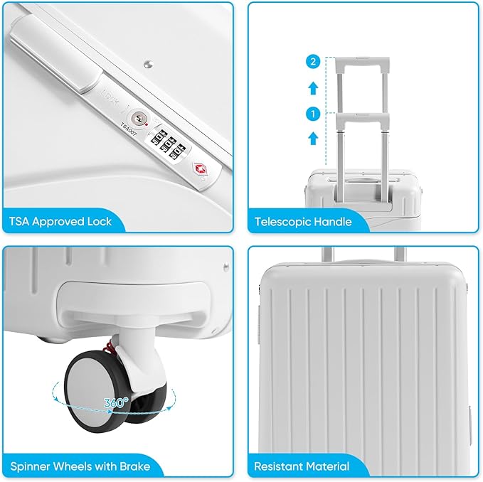 TABU 20" Ride-on Luggage with Seat For Kids & Adults，Carry On Hardshell Ride On Suitcase with 360° Lockable Spinner and TSA Lock, White