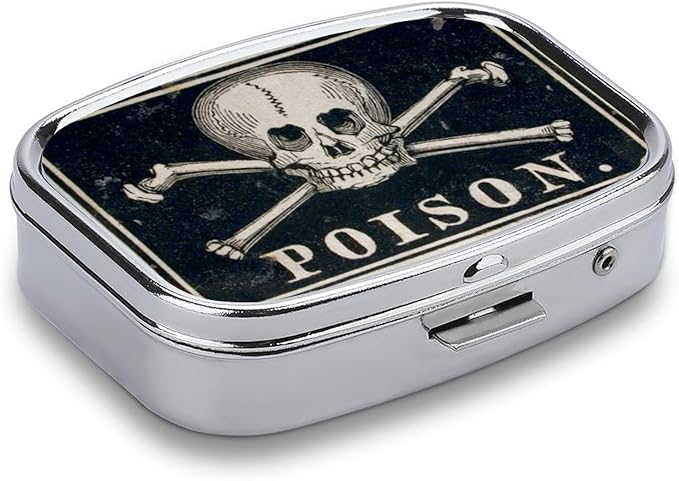 Metal 2 Compartment Pill Organizer Travel Friendly Portable Compact Pill Box Cute Pill Case to Hold Vitamins,Fish Oil,Supplements,Meds,Tablet for Purse,Pocket. (A Skeleton with a Black Background)