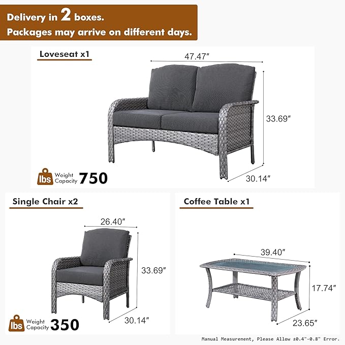 HOOOWOOO Patio Furniture Set,4 Pieces Outdoor Conversation Set,All Weather Wicker Loveseat Sofa Set with High Back Chairs Table,Black