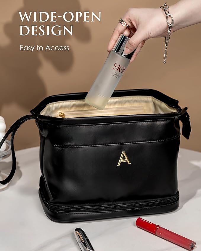 Gifts for Her, Initial Large Makeup Bags, Personalized Double Layer Cosmetic Bag with Makeup Brush Organizer, Waterproof, PU Leather Travel Toiletry Bag Wedding Gifts, Bridesmaid Gifts