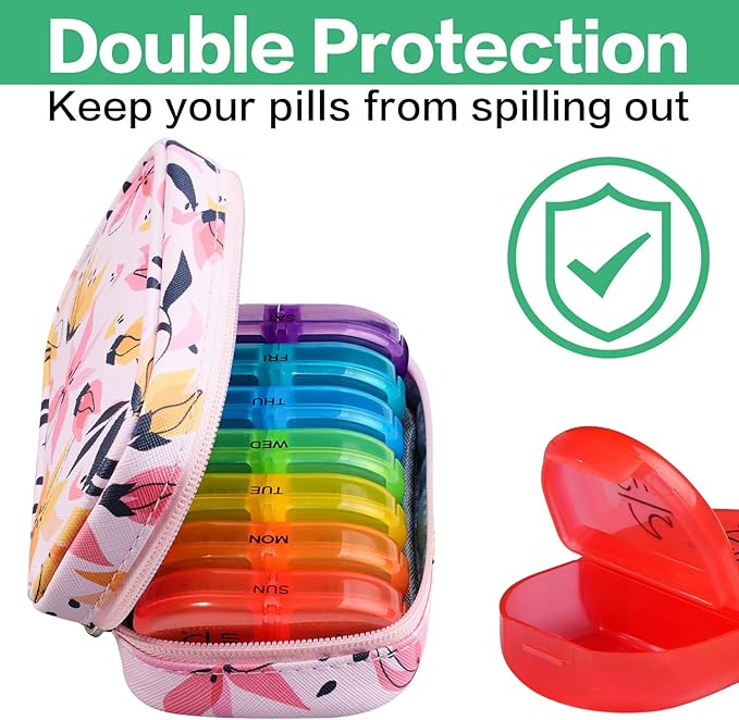 Serfeymi Weekly Travel Pill Organizer 2 Times A Day AM PM Upgraded Rainbow Pill Box 7 Day with Portable Zipper PU Leather Pill Case, Medicine Organizer for Pills, Vitamins, Fish Oils - Pink 03