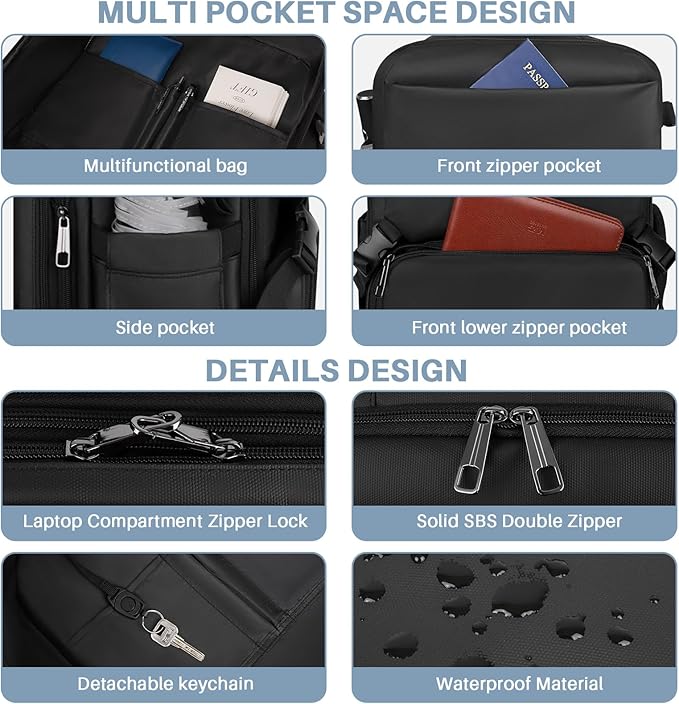 Travel Backpack Carry On Flight Approved, Lightweight Large Travel Backpack, Expandable with USB Charging Hole, Waterproof Causal Bookbag for Travel Work College Fits 17 inch Laptop, Black