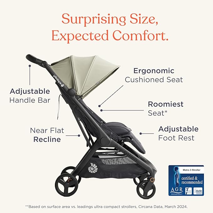 Ergobaby Metro 3 All in One Compact Baby Stroller, Lightweight Travel Stroller, Easy One-Hand Fold for Overhead Airplane Storage (Carries up to 50 lbs), Car Seat Compatible, Soft Olive