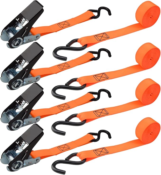 XSTRAP STANDARD Ratchet Tie Down Straps 4 Pk 10 Ft- 300 Lbs Load Cap- 900 Lbs Break Strength-Cargo Straps for UTV, ATV, Pickup,Truck, Moving Appliances, Lawn Equipment, Orange
