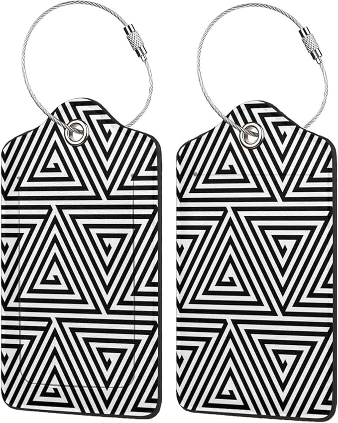 2 Pcs Black and White Abstract Patterns Luggage Tag for Suitcase, Seamless Geometric Triangles Birthday Gift, Steel Loop with Privacy Cover ID Label