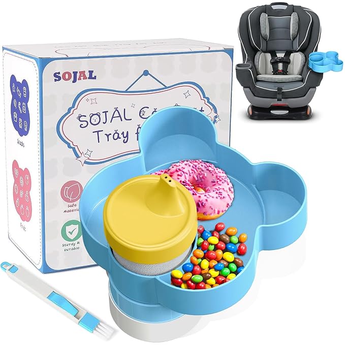 BlueOrigin Car Seat Snack Tray - Travel Tray for Kids Car Seat, Stroller, Booster and Anywhere with a Cup Holder, Toddler Road Trip Essentials Food Plate for Snacks, Toys, Entertainment (Blue)