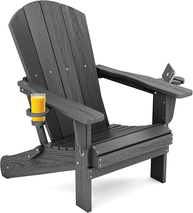 SERWALL Foldable Adirondack Chair Set of 4, HDPE Adirondack Chair with Wood-Texture-Gray