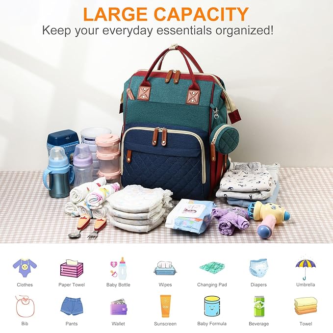 Diaper Bag, Backpack with Changing Station, Waterproof Baby Bag for Boys & Girls, USB Charging Port for Parents, Travel Backpack Baby Essentials & Lovely Baby Shower Gifts, RGB