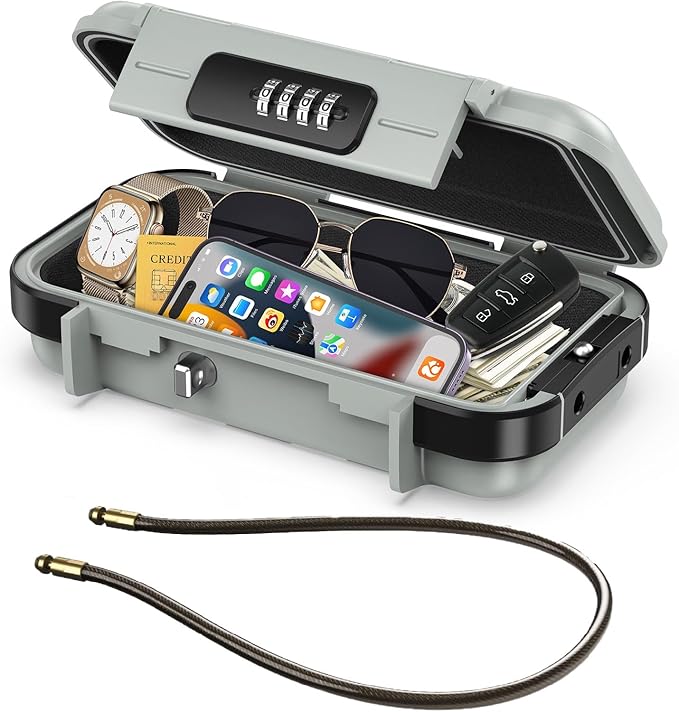 LOFICOPER Portable Safe Box, 4 Digit Combination Security Case, Waterproof Travel Lock Box, Small Beach Safe with Removable Chain, for Sports, Travel, Home, Office, Grey