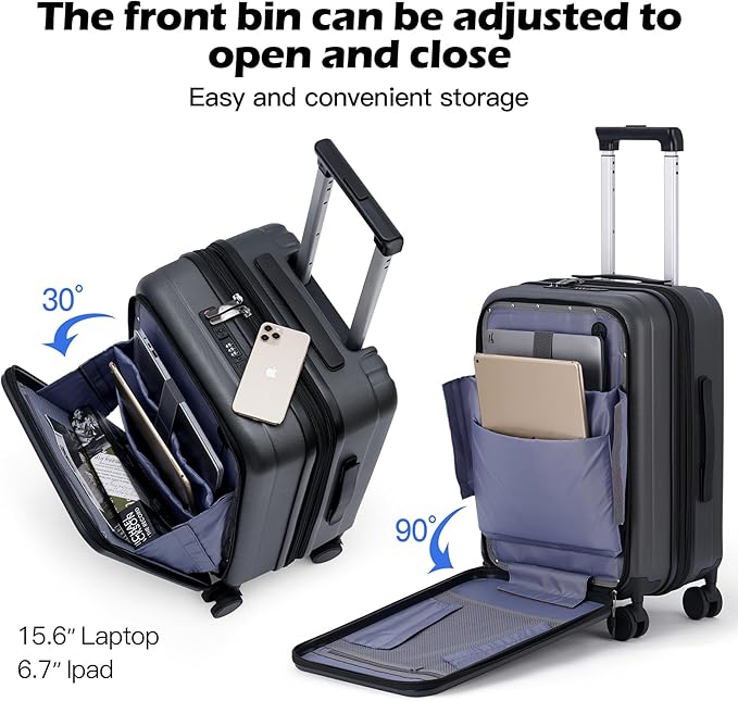 BISON DENIM 20 Inch Carry On Luggage, PC Lightweight Hardside Expandable Carry-On Luggage Airline Approved With Spinner Wheels, Front Compartment, Cup Holde, TSA-approved Lock, USB Port, Dark Grey