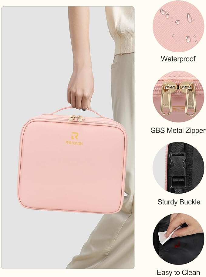 Travel Makeup Bag with LED Mirror Double Layer Makeup Case with Lighted Mirror Dual Layer Cosmetic Train Case Portable Artist Organizer Bag with Dividers and Rechargeable Vanity (Pink, Small)