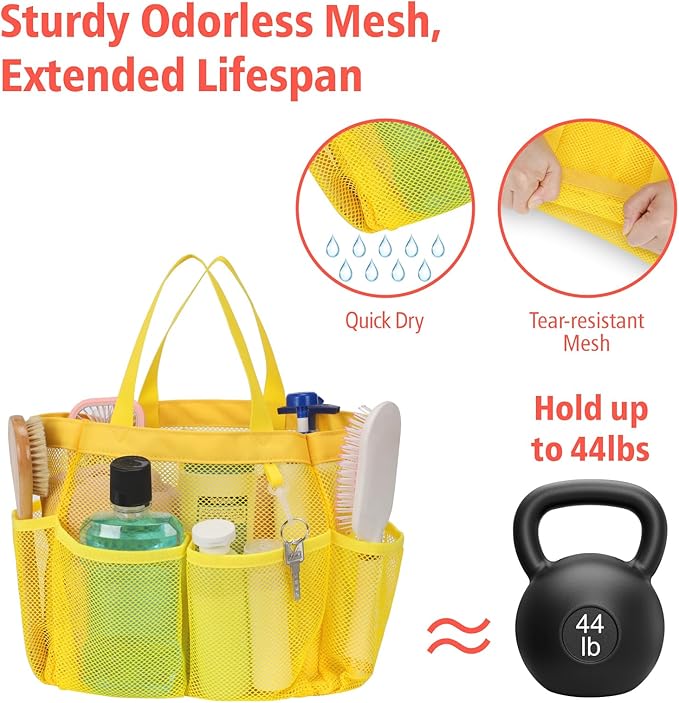 F-color Mesh Shower Caddy Portable, Upgrade Deeper 7 Pockets Shower Bag Basket Tote for College Dorm Room Toiletry Bathroom Essentials Gym Camp Quick Dry 2 handles with S Hook, Yellow