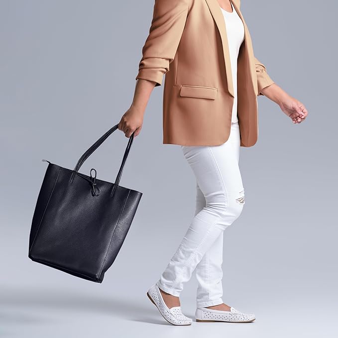 Italian Calf Leather Tote for Women with Zipper, Inner Pocket & Flat Base | Soft Unlined Shopper for Work & Travel