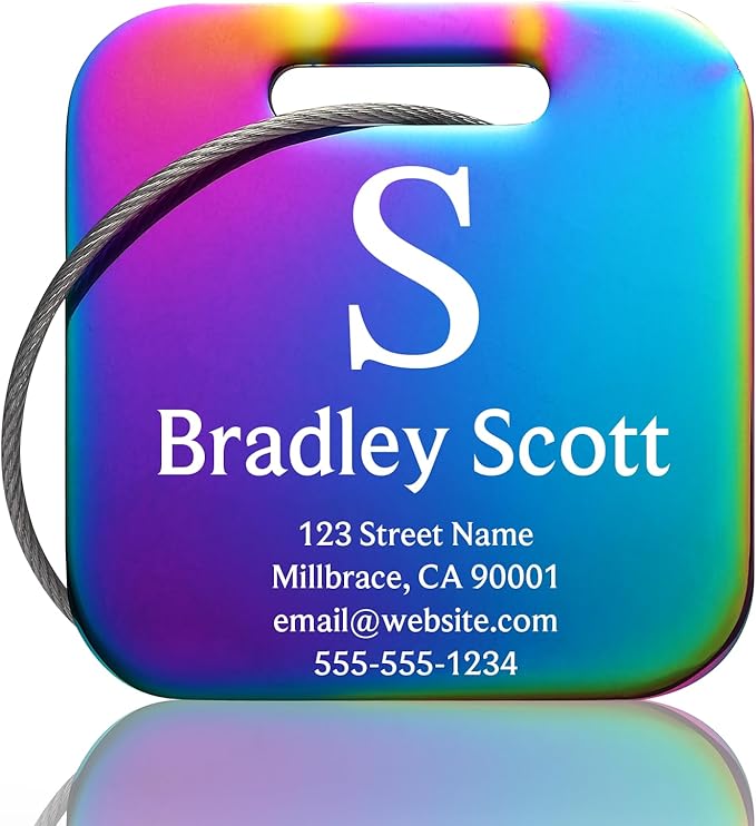 Customizable Stainless Steel Square Luggage Tags, Personalized, Metal, Suitcase, Bag, TSA Approved, Travel, Custom Text, Laser Engraved, Classic Square, Multicolor, 1 Count