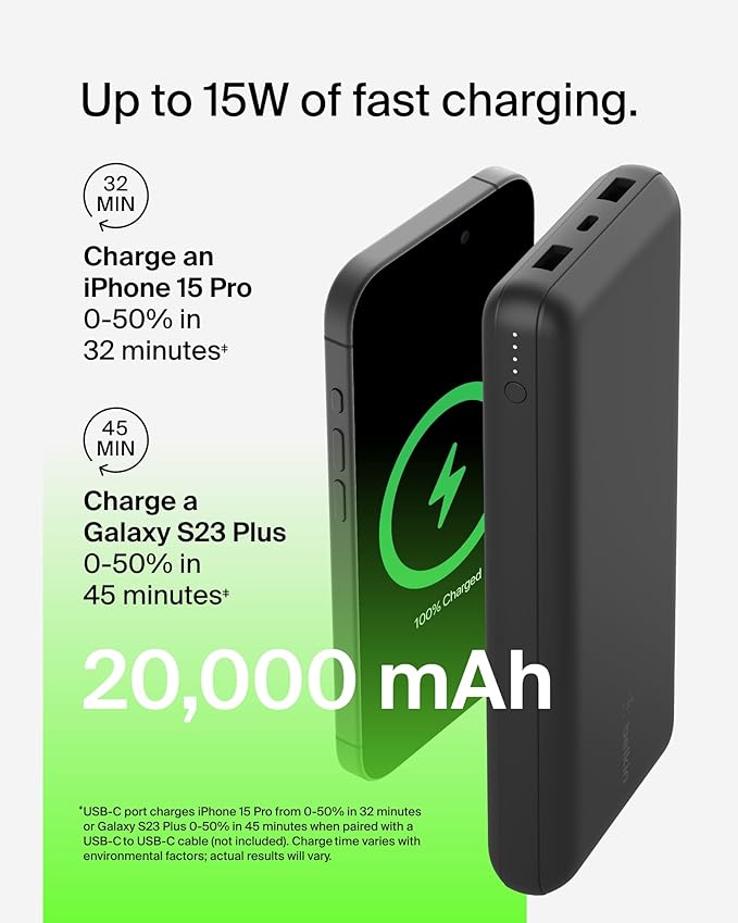 Belkin Portable Charger, USB-C Power Bank 20000 mAh w/ 2 USB-A Ports, 15W w/ Type-A to Type-C Cable for iPhone 16, 16 Plus, 16 Pro, 16 Pro Max, Samsung Galaxy S2, Google Pixel 10, etc. - Black