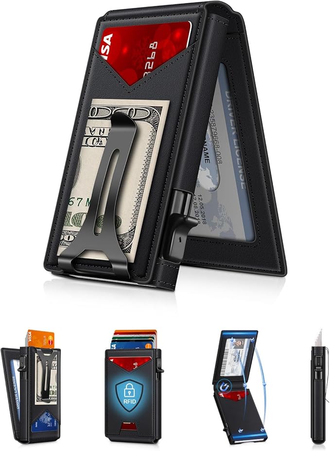 Wallet for Men RFID Wallet with Money Clip, Slim Pop Up Card Holder for 10-12 Cards, Minimalist Smart Credit Card Case with ID Window, Bifold Metal Wallet for Front Pocket, Gifts for Men