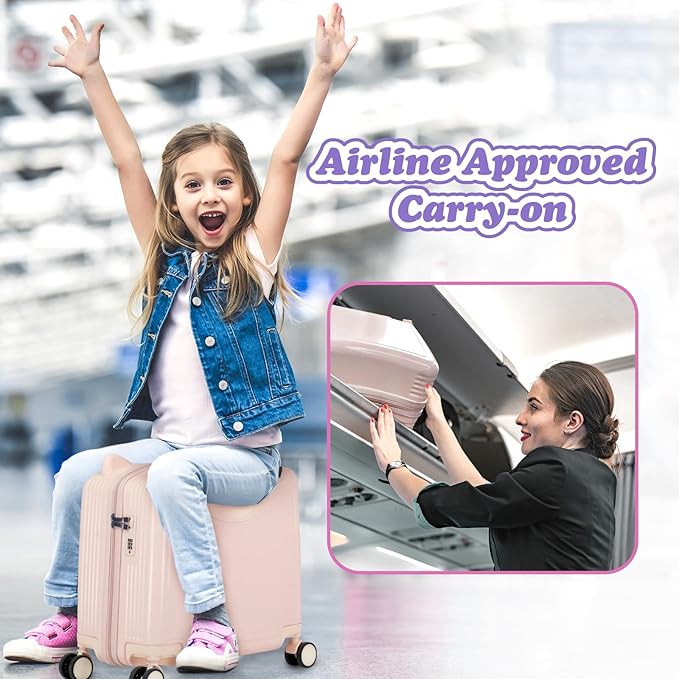 20" Ride-On Travel Suitcase for Kids, Cute Ear Toddler Carry on Luggage with Spinner Wheels, Children Rolling Trolly Luggage with Combination Lock (Pink)