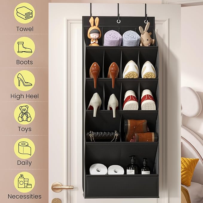 Over the Door Shoe Organizer for Closet, Shoes Rack for Closet with 15 Large Pockets, Hanging Shoe Organizers for Boot Storage, Behind the Door Narrow Shoe Holder for Small Shoes, Black
