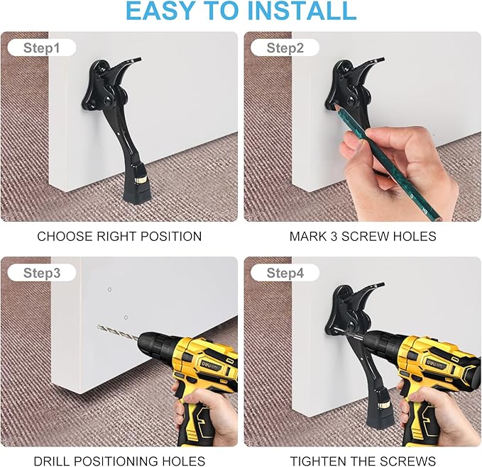 Black Kick Down Door Stoppers for Bottom of Door, Heavy Duty Kickdown Door Stop, Adjustable Door Stoppers, One Touch Kick Down Stopper (4 Inch x 1 Pack)