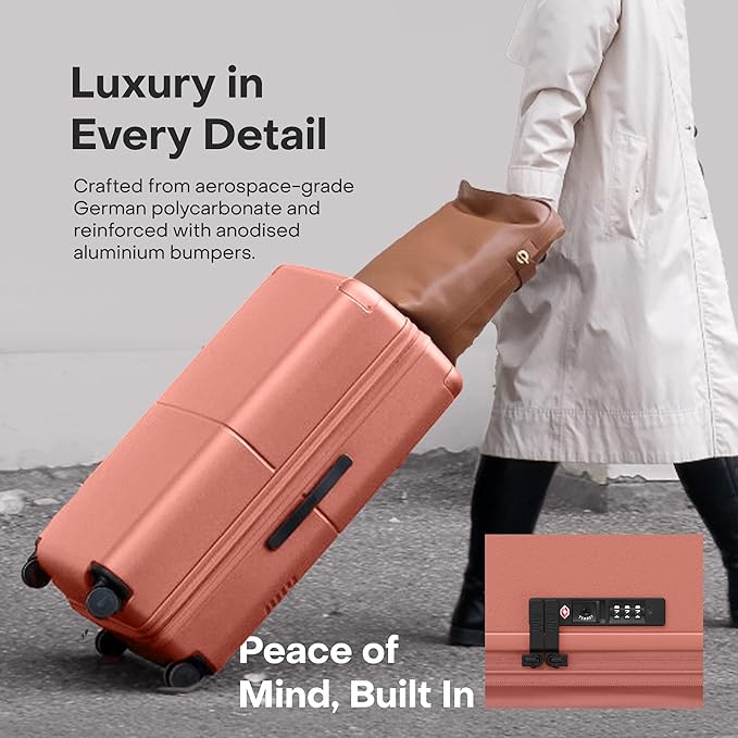 Checked Expandable - 24.5" Airline Approved Check In Luggage with Wheels, Spinner Suitcase for Men & Women - TSA Lock Rolling Suitcase, Spinner Wheels, Expansion Zip, Y-Strap - Clay