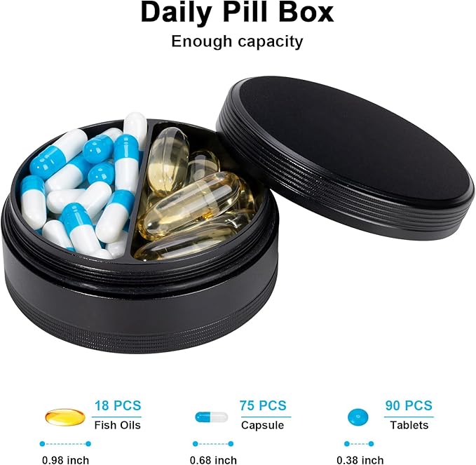 2 Compartment Metal Pill Box - Waterproof Aluminium Travel Pill Case Daily Purse Pocket Medicine Container, Portable Pill Organizer Holder for Medication, Vitamins, Fish Oils