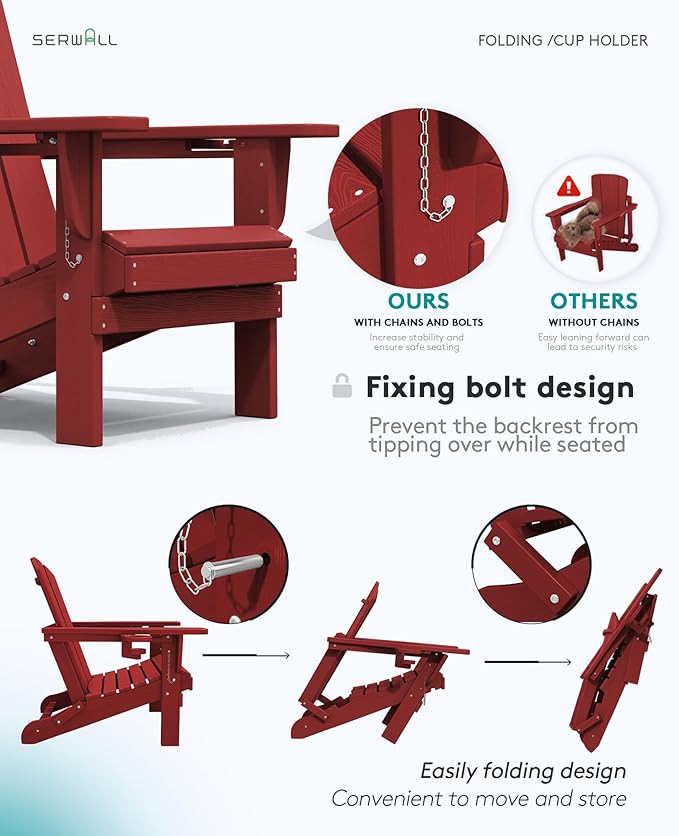 SERWALL Adirondack Chair with Cup Holders - Composite Adirondack Chairs HDPE Outdoor Chairs All Weather Use- Dark Red