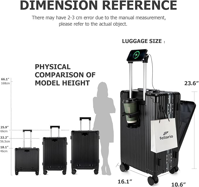 feilario 24in Aluminium Frame PC Hard Shell Spinner Wheels Luggage, Built-In TSA lock Carry on Suitcase, with Cup Holder, USB Port, Phone Holder