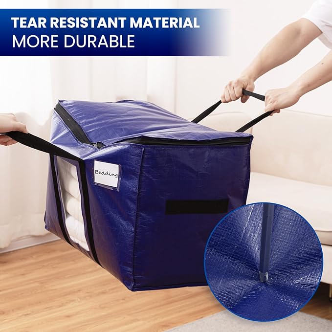 TAILI 12 Pack Dark Blue Extra Large Moving Bags, Heavy Duty Totes with Visible Window, Wrap Around Handles, Great for Space-Saving