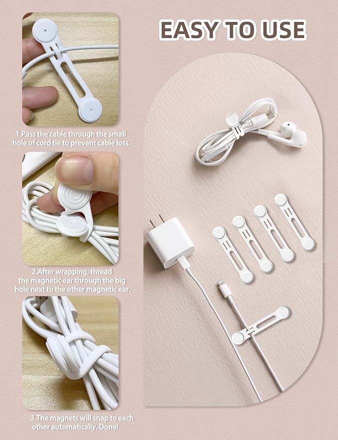 Magnetic Cord Ties Organizers, Kanemc Silicone Cable Tie Cord Wrap Reusable Twist Ties Wire Strap For Charging Cables Headphones USB Type C Cable Small Cords (8-Pack, White)