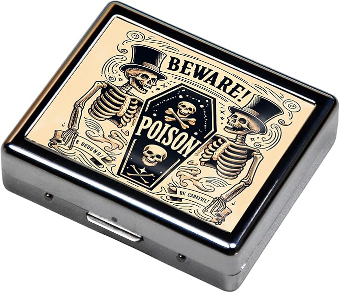 Cute and Portable Metal Pill Organizer – 8 Compartments, Elegant Chrome Finish, Ideal for Travel and Daily Use (Beware Poison Coffin)