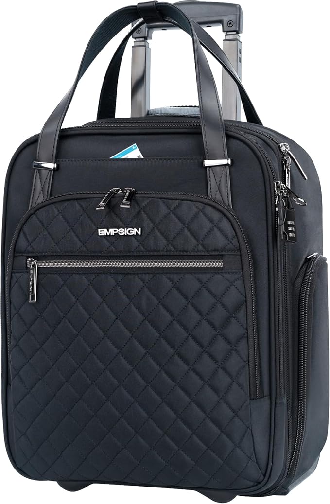 EMPSIGN Underseat Carry On Wheeled - 16" Carry on Bag with Wheels Multi-functional Lightweight Rolling Bag Overnight Weekender Small Suitcase for Women Men Travel Business, Black
