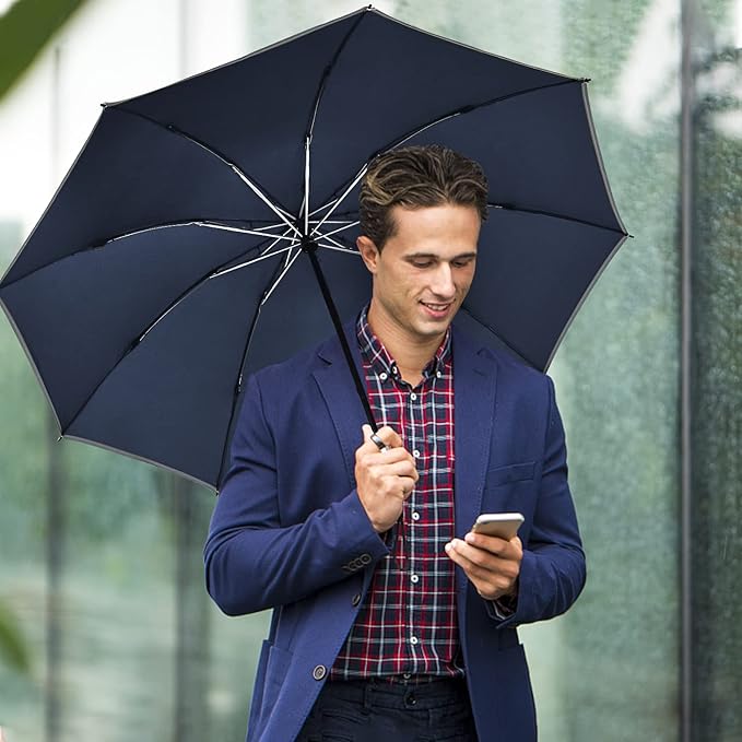 Lejorain Compact Inverted Reflective Umbrella - Automatic Folding Reverse LED Umbrella Travel Windproof Umbrellas for Rain