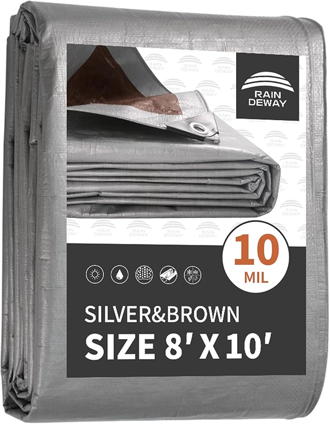Tarps Heavy Duty Waterproof 8x10 Feet, 10Mil Multipurpose Poly Tarp Cover with Metal Grommets and Reinforced Edges, Silver/Brown Tarp by RAINDEWAY
