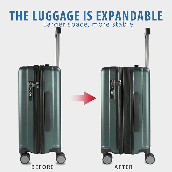 KROSER Hardside Expandable Carry On Luggage with Spinner Wheels & Built-in TSA Lock, Durable Suitcase Rolling Luggage with USB Port, Carry-On 20-Inch, Dark Green