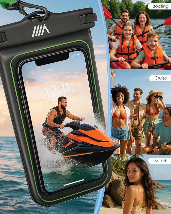 【2025 Upgraded】 1 Pack Black - IP68 Waterproof Phone Pouch Floating Design No Sink Waterproof Phone Case - Beach Pool Travel Essentials - Works w/All Phones - Detachable Lanyard - Black/Hi-Vis Green