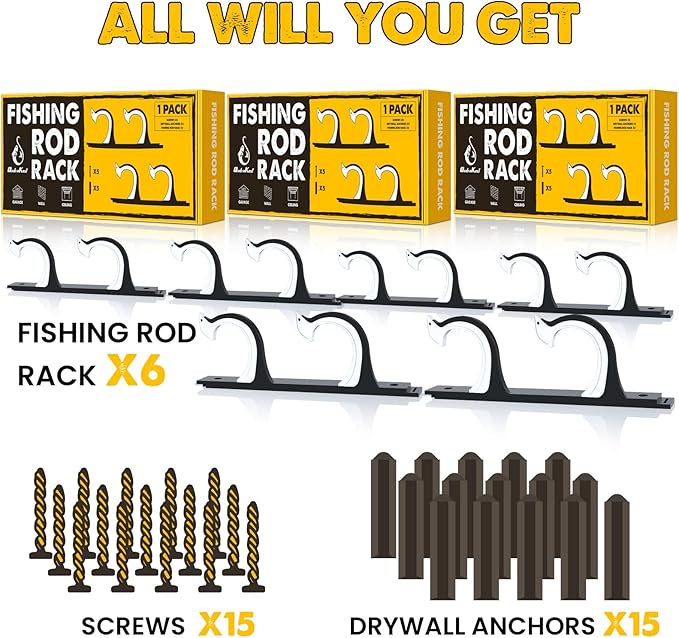 QudraKast Horizontal Fishing Rod Holder for Garage Wall Ceiling Mount - Fishing Pole Holders Fishing Rod Rack Holds Up to 6 Rods or Combos, Ideal Fishing Gift (3Pack)