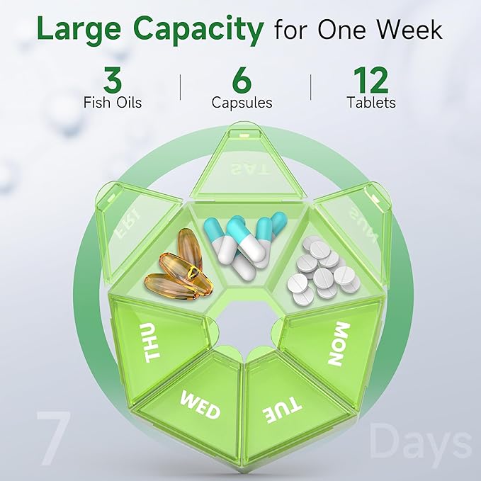 Weekly Pill Organizer, 2 Pack Portable Pill Box Medicine case 6 Colors (Seven Day) New Edition for Vitamin/Fish Oil/Pills/Supplements-Arthritis Friendly (Green)