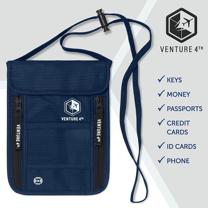 VENTURE 4TH Passport Holder Neck Pouch With RFID Blocking – Hidden Neck Wallet (Navy Blue)