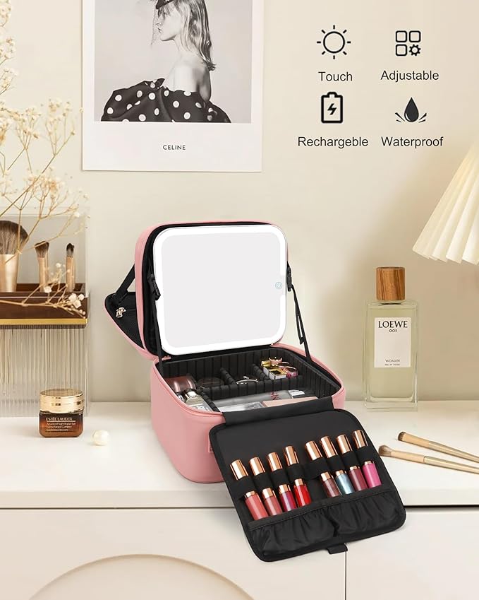 Relavel Makeup Bag with LED Mirror, Travel Makeup Case with Rechargeable Lighted Mirror 3 Color Lights, Dual Layer Cosmetic Box Makeup Brush Lipstick Holder Organizer for Women, Leather Pink