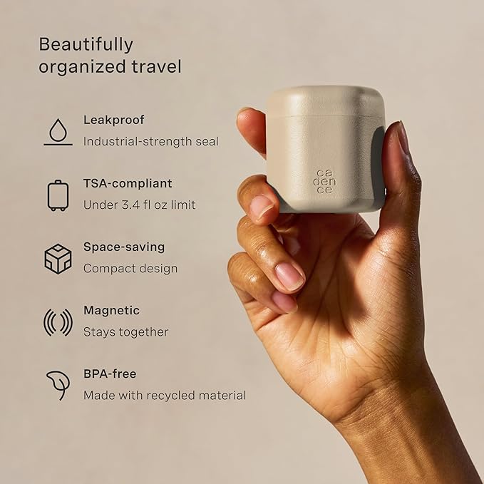 Cadence Travel Containers - Body Care Capsule Set - Magnetic Containers with Lids,Carry On Travel Essentials for Women/Men - 3 Flex Mediums (1.32oz) - Body Wash, Lotion & Sun Icon Labels - Sand
