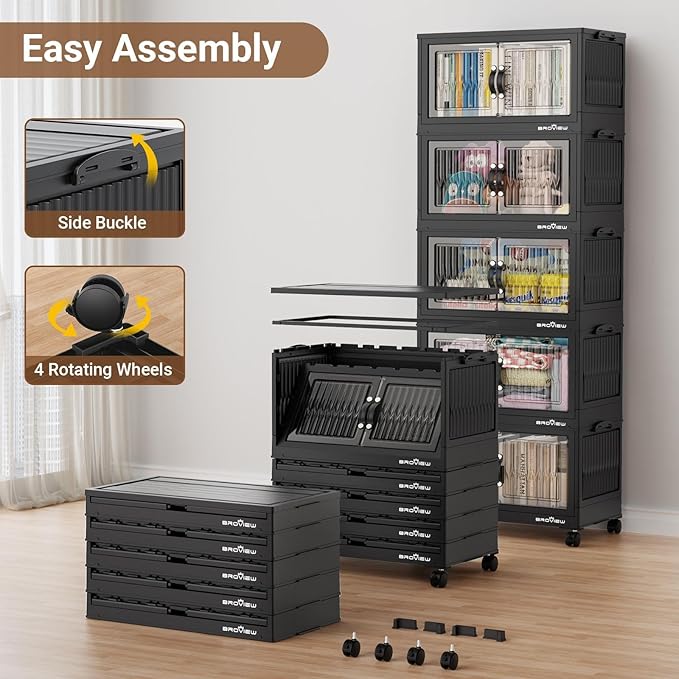 BROVIEW 240Qt Stackable Storage Bins with Lid, Extra Large Closet Organizer Collapsible Drawer Boxes with Wheels, Folding Plastic Cabinet Containers for Home Kitchen Room Organization, 4Pack Black