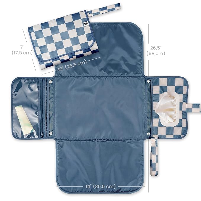 Tiny Twinkle Portable Diaper Changing Pad-Foldable Waterproof Changing Mat&Portable Changing Pad for Travel,Baby Changing Station with Smart Wipes Pocket&Storage (Blue Checkers)