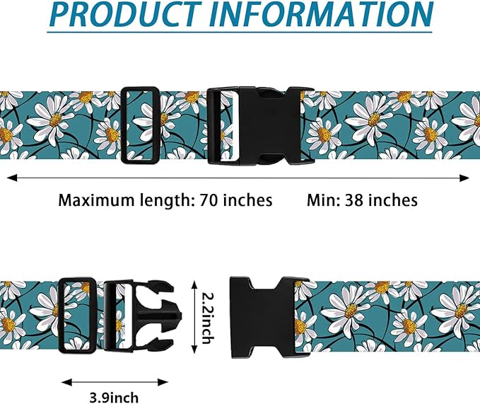 White Daisy Luggage Straps for Suitcases TSA Approved, Luggage Identifiers for Suitcase, Adjustable Suitcase Strap for Baggage Security with Cute Patten, Travel Necessary Accessories (2 Pack)