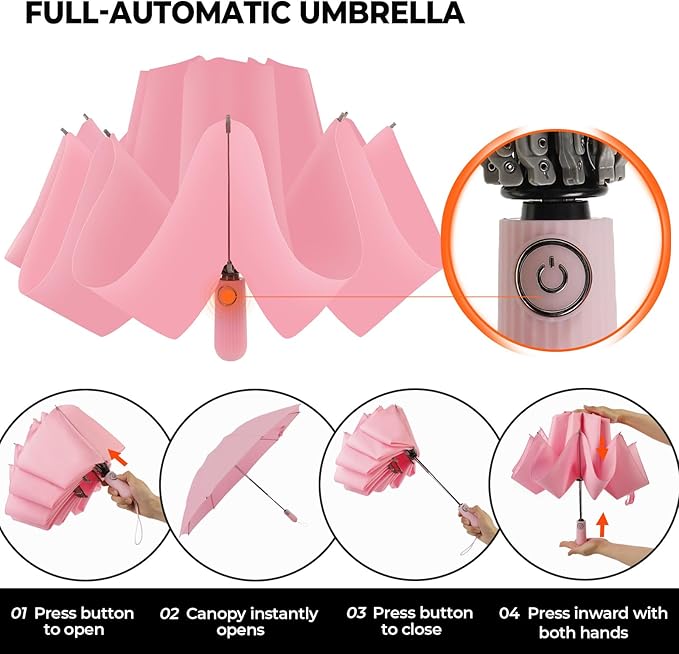 Compact Inverted Travel Umbrella, Automatic Open Close, 9-Rib 46 Inch Windproof Umbrella, Waterproof UPF 50+, Portable Umbrellas for Men, Women, Travel, and Daily Use