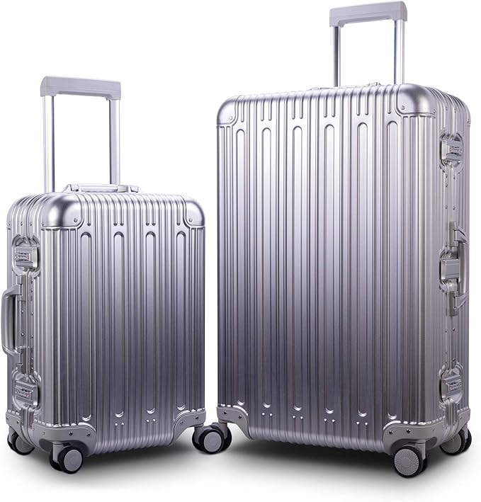 TRAVELKING All Aluminum Luggage Carry On Spinner Hard Shell Suitcase Lightweight Metal Suitcases 20“ & 28 Inch Luggage Set